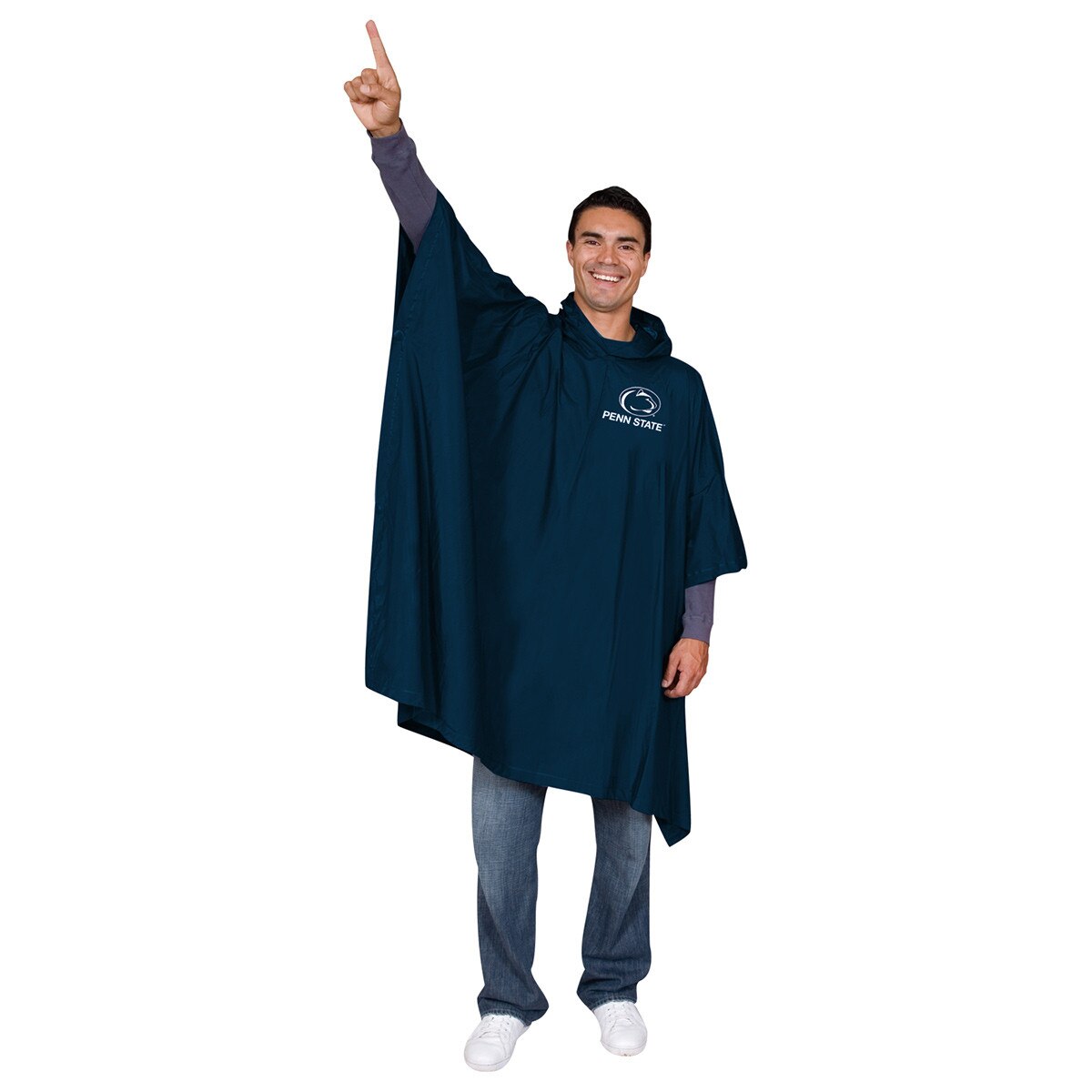 model wearing navy adult medium weight rain poncho with printed Penn State below Athletic Logo